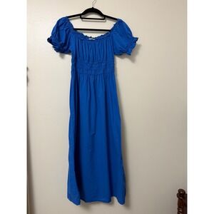 HM Blue Smocked Waist Maxi Dress Puff Sleeve Cottagecore Cobalt Women Small